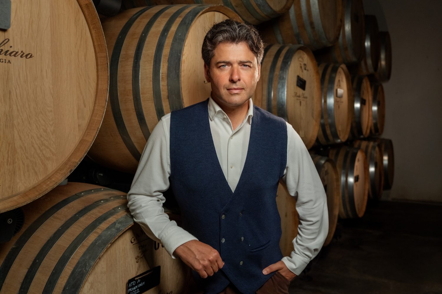 Alessandro Griccioli among the oak tonneaux in the Montechiaro cellar