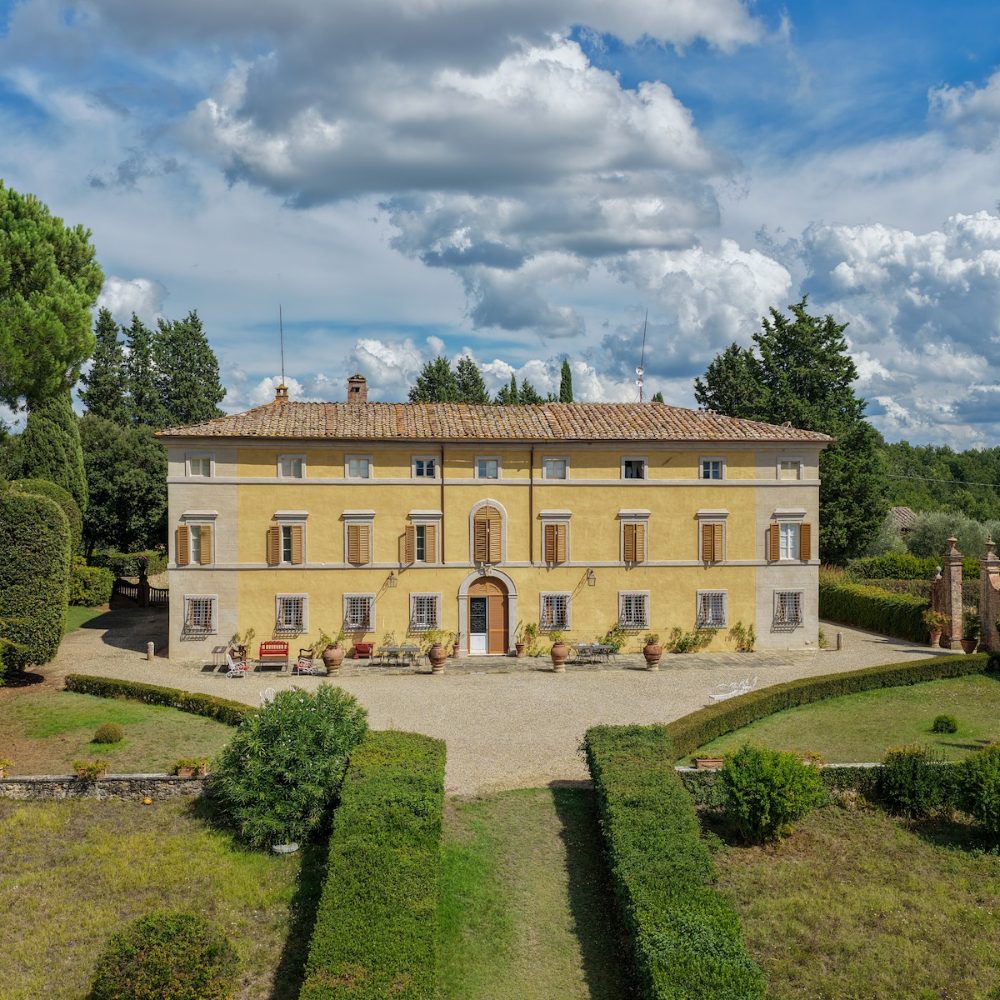 Aerial view of the Montechiaro villa and its Italian formal garden