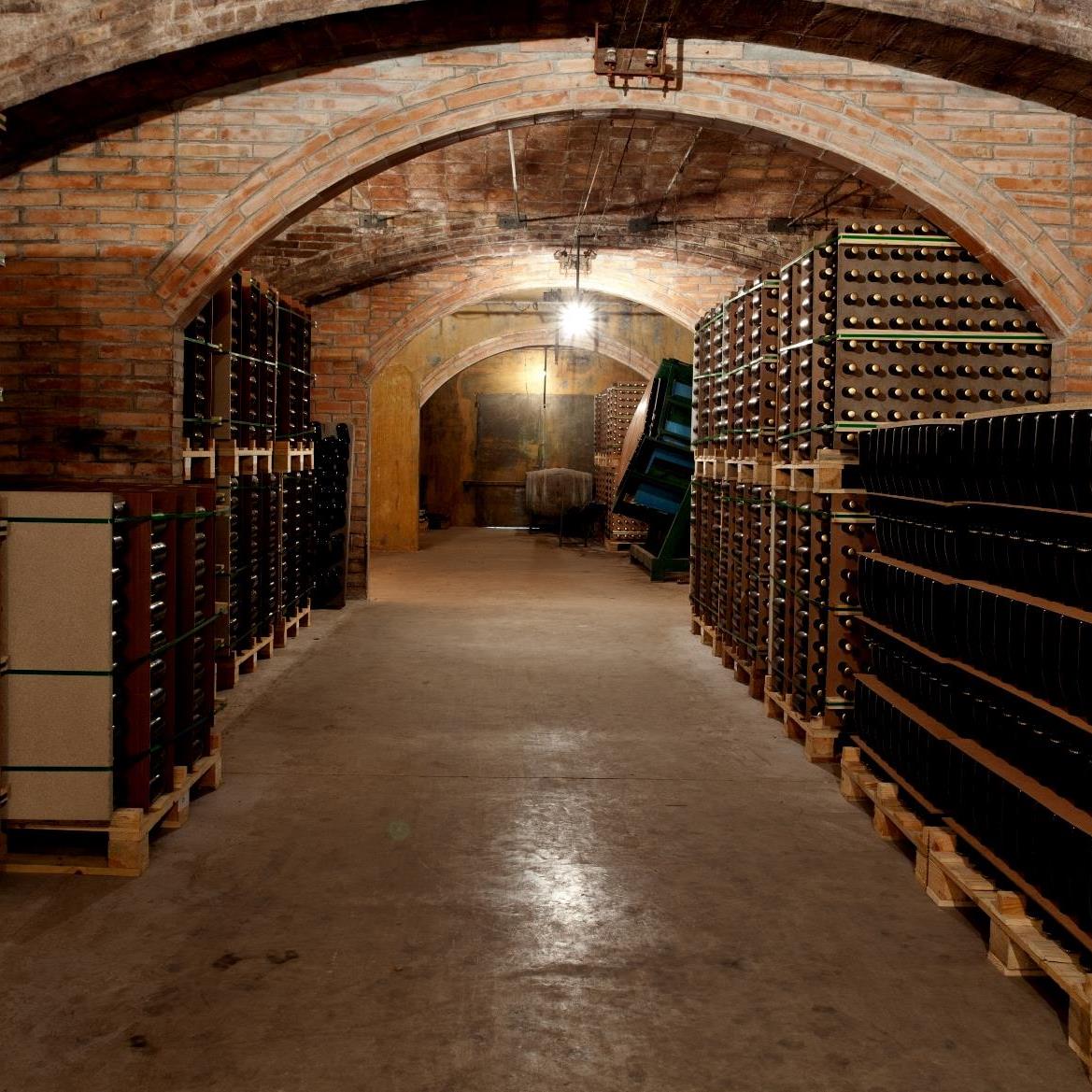 A vaulted brick cellar lined with racks of ageing bottles