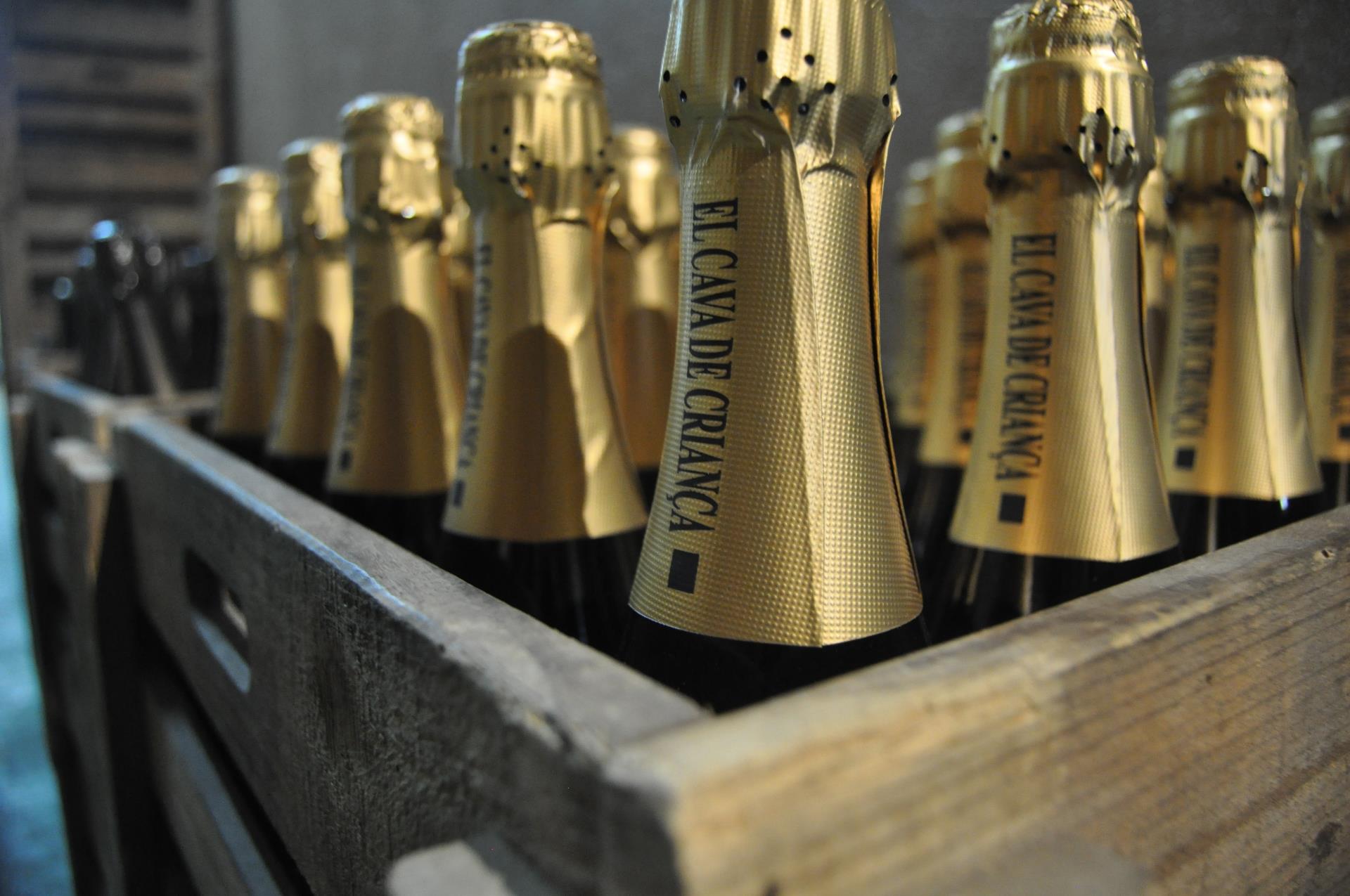 Bottles of Solà Raventós cava in a wooden crate, gold foil printed El Cava de Criança